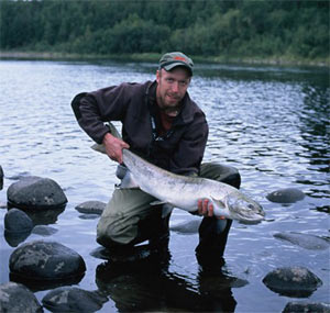 Mike Salmon female (farmed) weight 9 kg taken on a little Thunder Spey, at the bottom of a dry channel.
